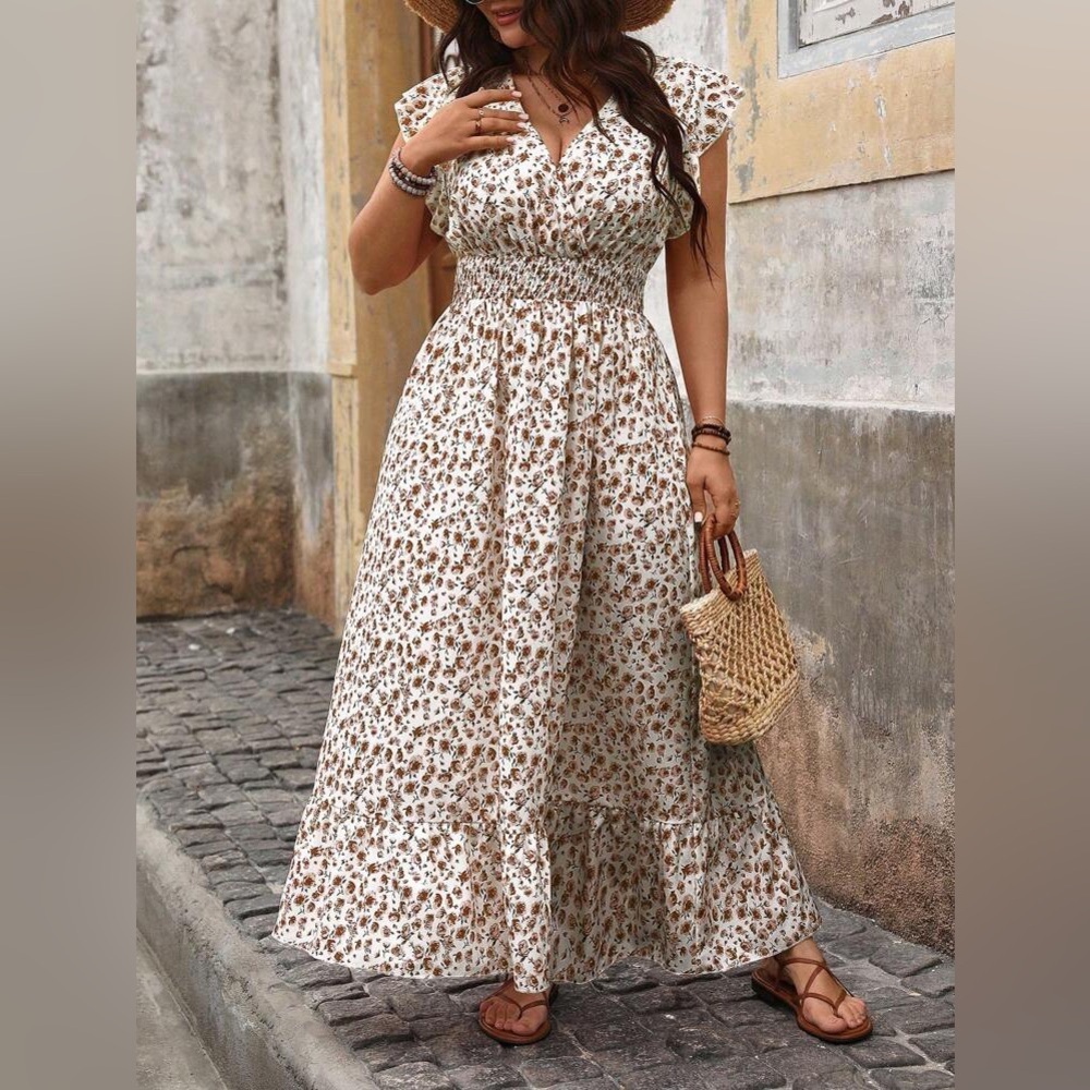 Floral Maxi Dress in Cream and Brown